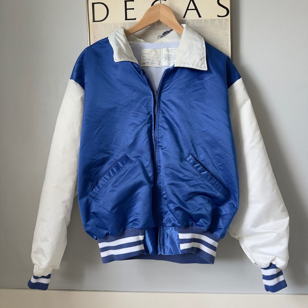 Vintage DeLONG Blue Satin Varsity Bomber Jacket Fleece Lined USA Made Mens XL